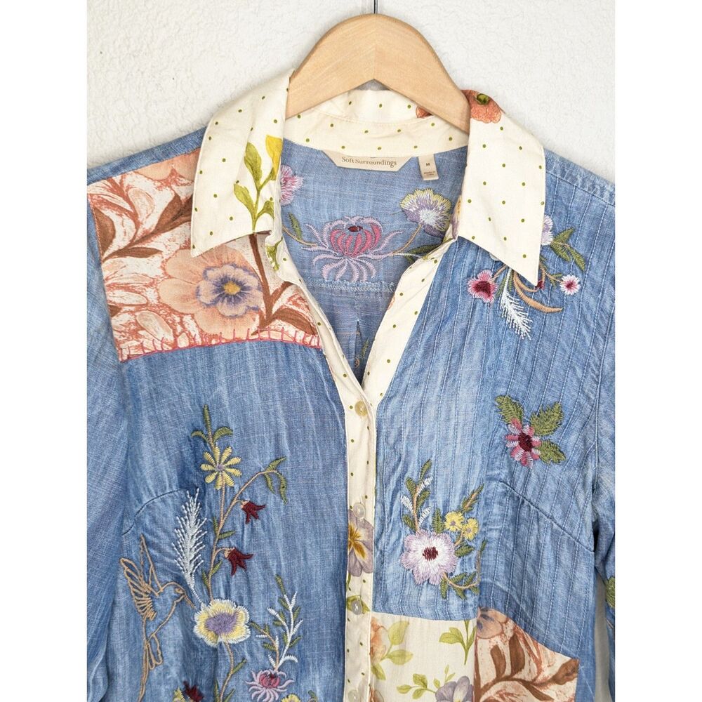 Soft Surroundings Embroidered Printed Tencel Button Shirt Sz M Boho Patchwork - Picture 4 of 9
